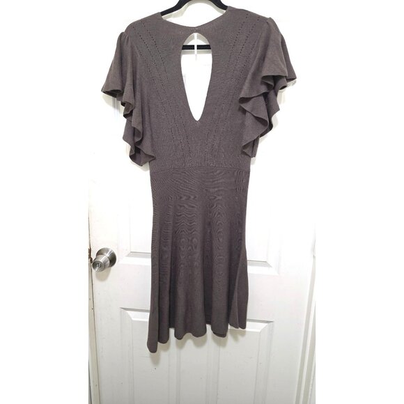 Free People Olive Green Women's Knit Flutter Sleeve Dress Deep V-Neckline & Open - Picture 3 of 8